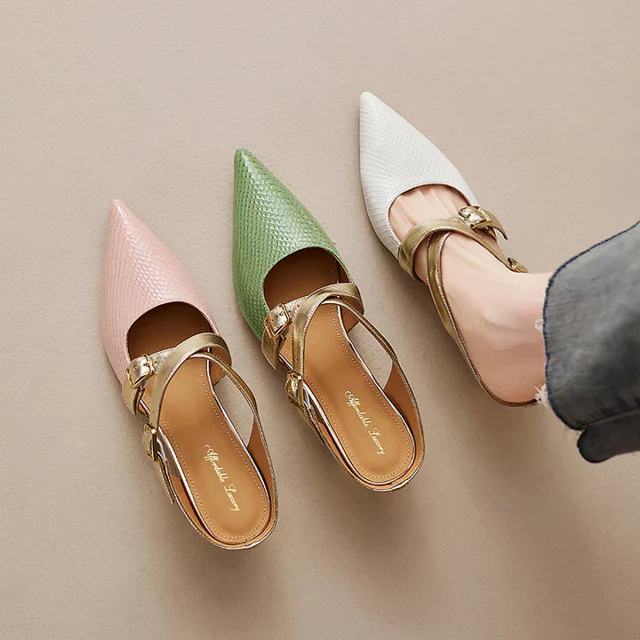 Pink, green, and white leather mules with pointed toe and gold buckle ankle strap