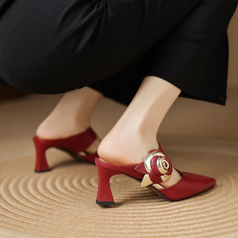 Maroon genuine leather slingback heels with rose buckle detail and low block heel