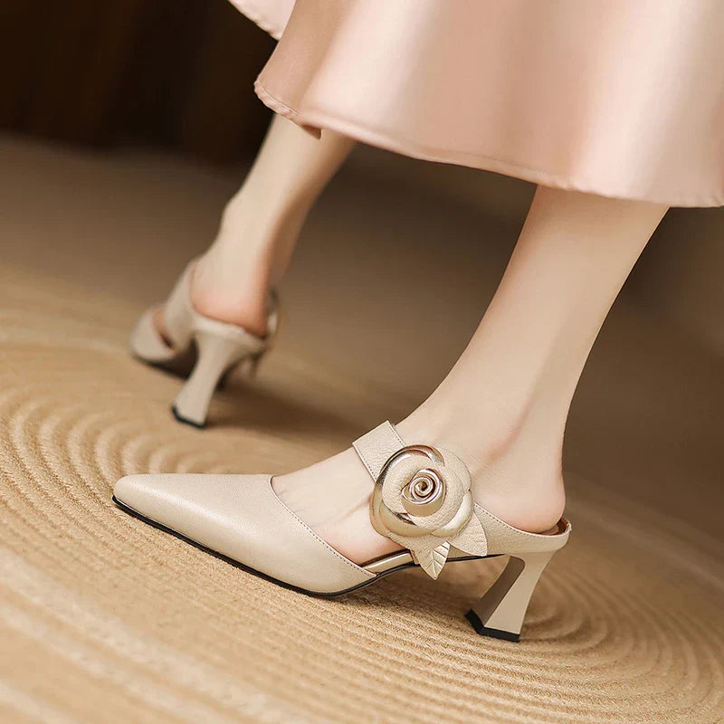 Beige genuine leather slingback heels with pointed toe, rose buckle and low block heel