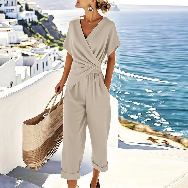 Wrap V-neck two-piece set with draped top and cropped wide-leg pants, beige