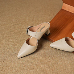 Beige genuine leather heels with ankle strap and decorative rosette buckle on block heel