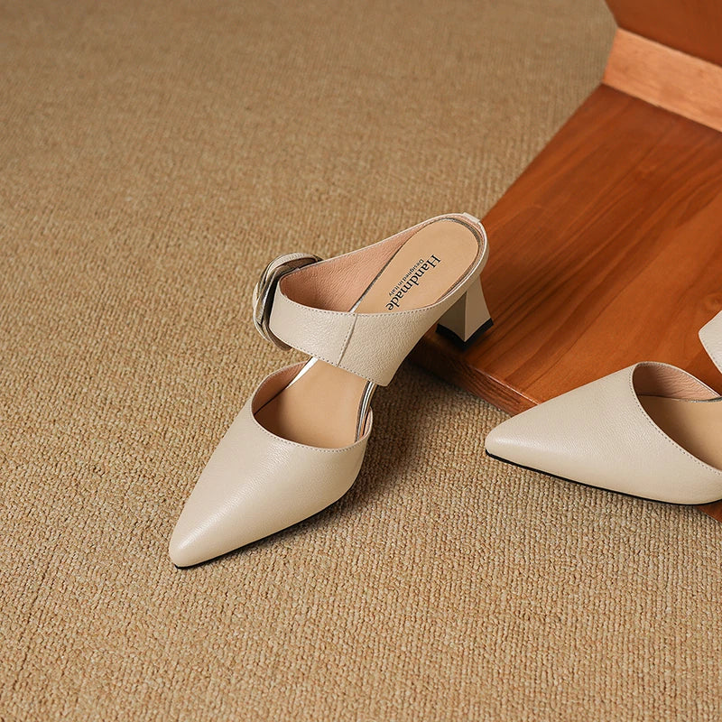 Beige genuine leather heels with ankle strap and decorative rosette buckle on block heel