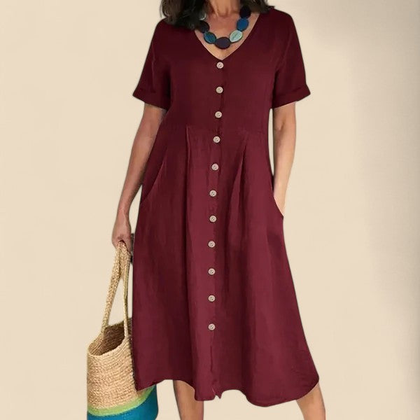 Burgundy short-sleeve button-front V-neck midi dress with gathered waist