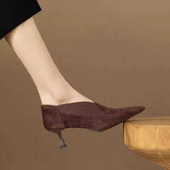Brown suede pointed-toe heeled pumps with slim heel and top seam detail