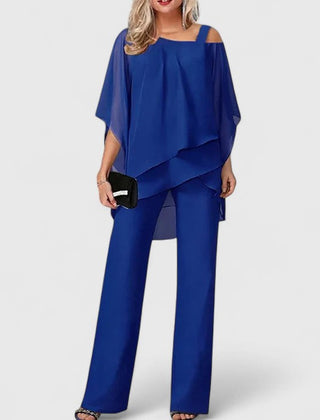Blue draped off-shoulder top with wide-leg pants, two-piece set