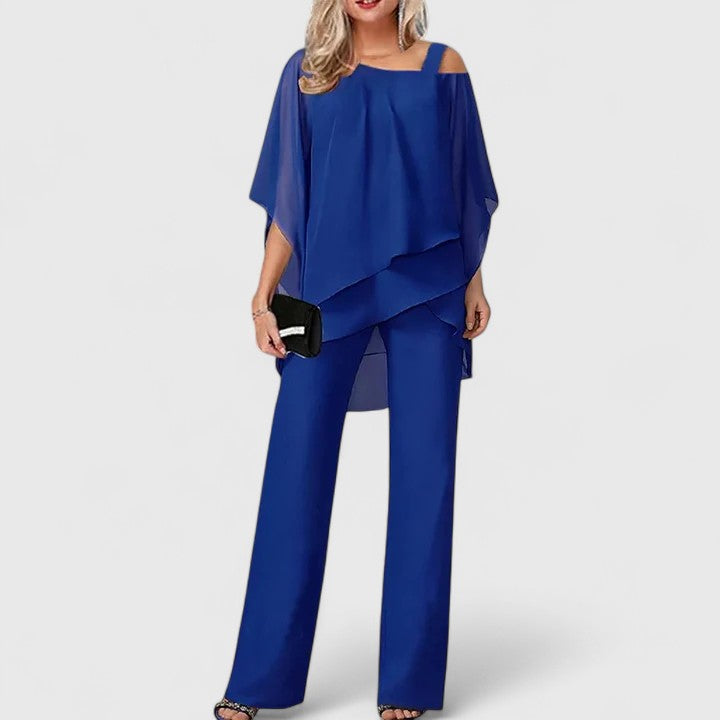 Blue draped off-shoulder top with wide-leg pants, two-piece set