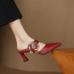 Maroon genuine leather heeled mules with rose buckle slingback strap and pointed toe