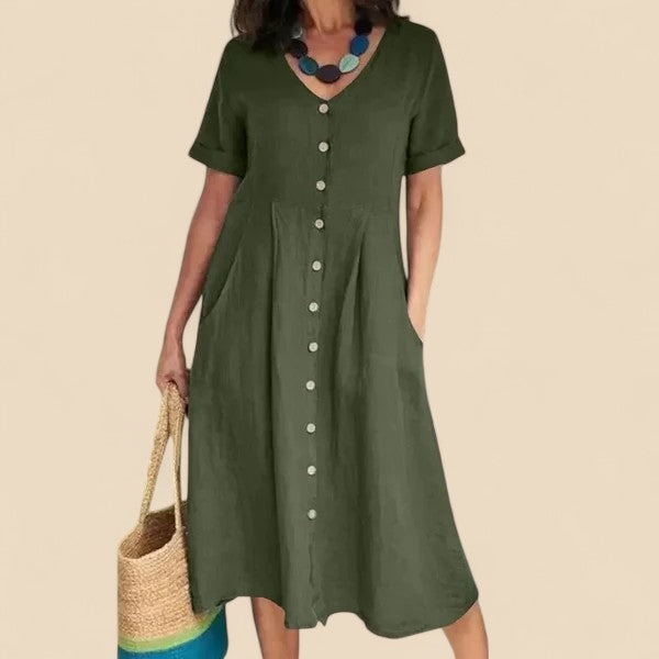 Dark green short-sleeve button-front V-neck midi dress with gathered waist
