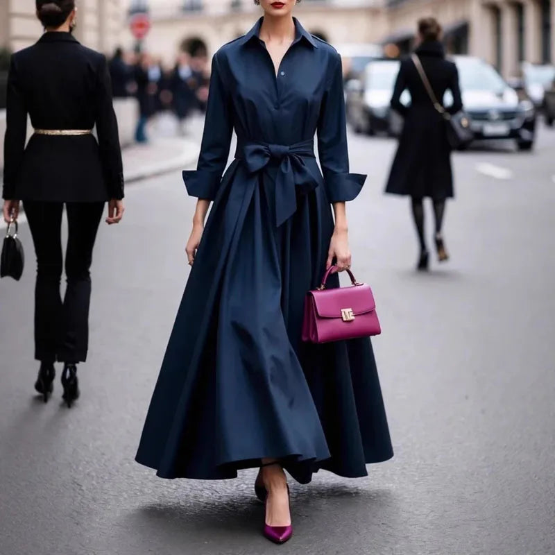 Blue button-front maxi dress with shirt collar and tied waist, full A-line skirt