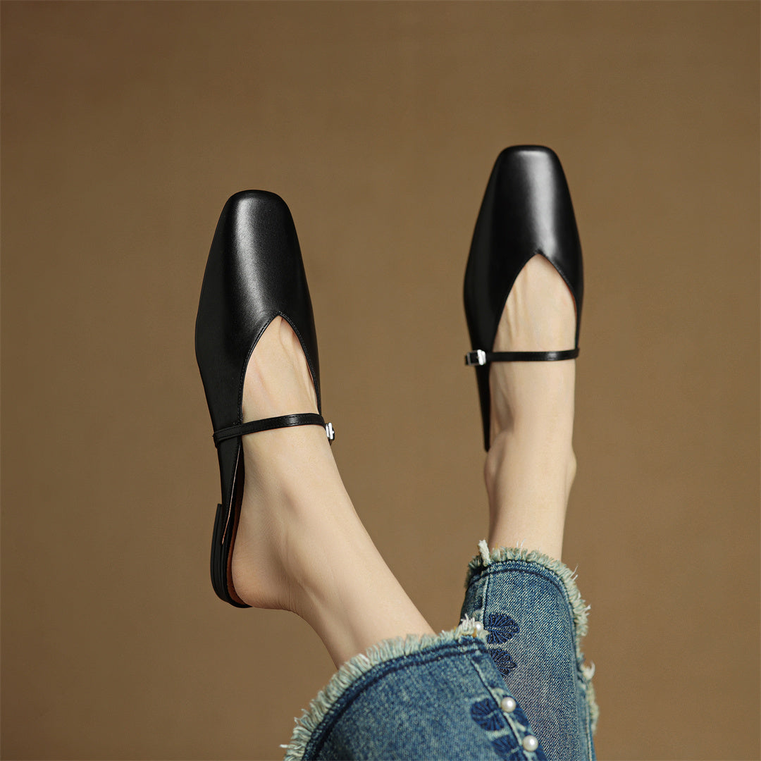 Black genuine leather mule flats with ankle strap and pointed toe
