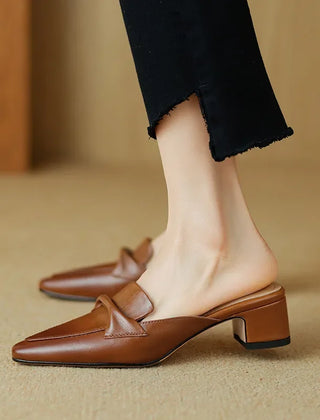 Brown genuine leather mule shoes with slip-on strap and low block heel