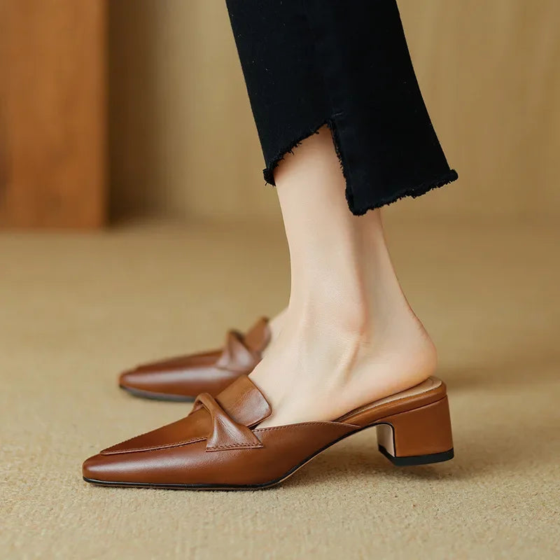 Brown genuine leather mule shoes with slip-on strap and low block heel