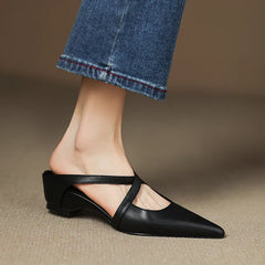 Black genuine leather mule with pointed toe, T-strap slingback, low block heel