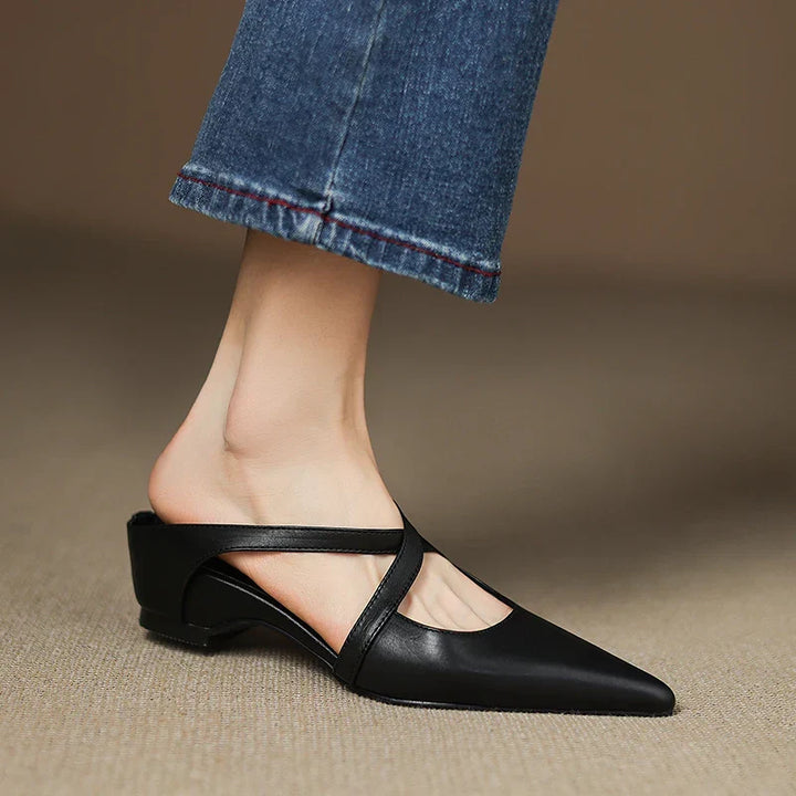 Black genuine leather mule with pointed toe, T-strap slingback, low block heel