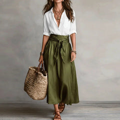 Two-tone maxi dress with white wrap-style bodice and olive green gathered skirt