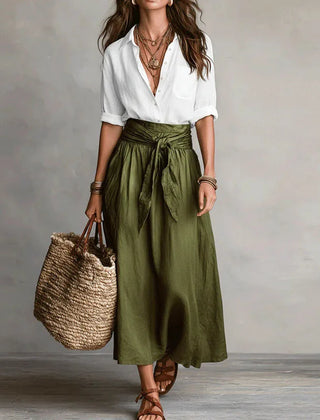 Two-tone maxi dress with white wrap-style bodice and olive green gathered skirt