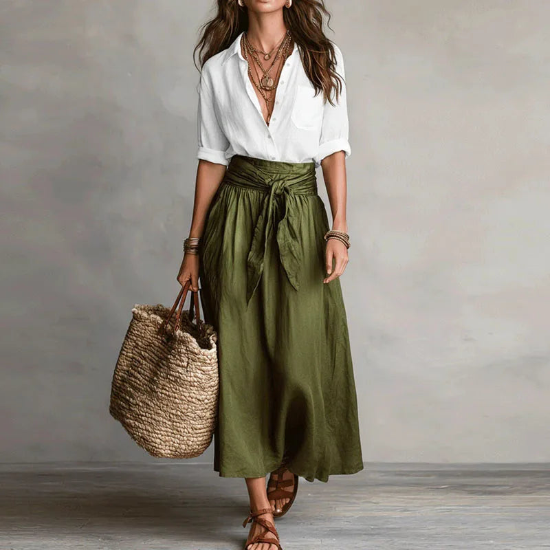 Two-tone maxi dress with white wrap-style bodice and olive green gathered skirt