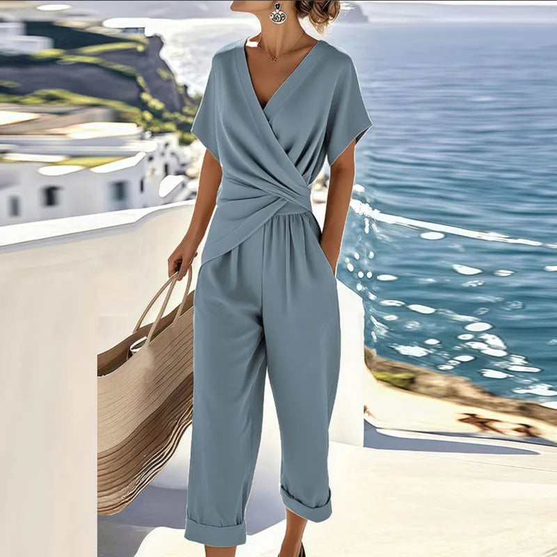 Wrap V-neck two-piece set with draped top and cropped wide-leg pants, dusty blue