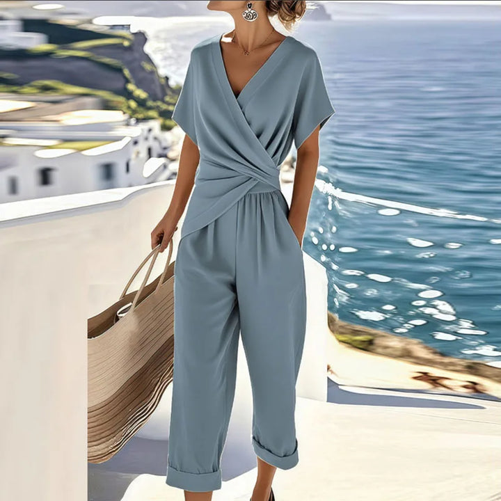 Wrap V-neck two-piece set with draped top and cropped wide-leg pants, dusty blue