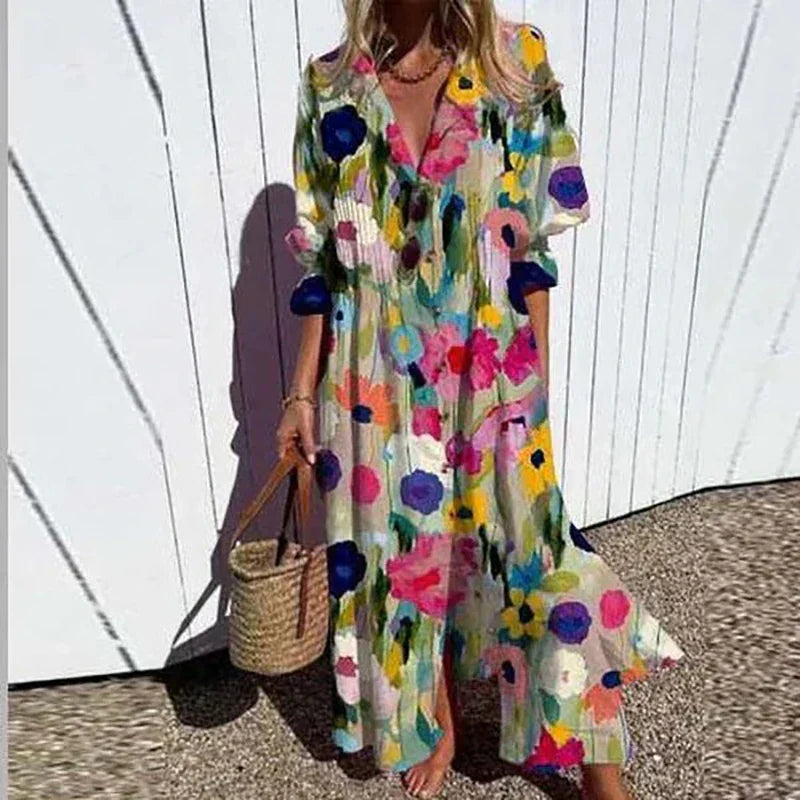 Boho maxi dress with colorful floral print, V-neck, and short sleeves