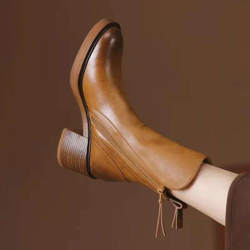 Brown ankle boots with side zipper and block heel