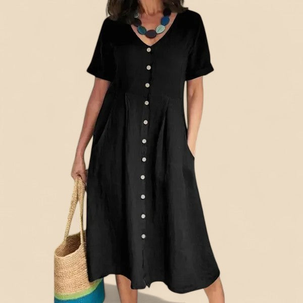 Vicki™ soft comfortable dress, black short-sleeve button-front V-neck midi