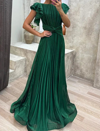 Green pleated evening dress with ruffle sleeves and belted waist