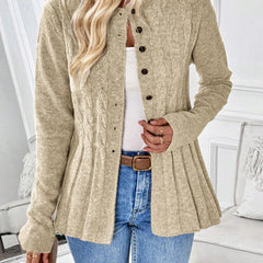 Khaki ribbed cardigan with button front, long sleeves, and peplum hem