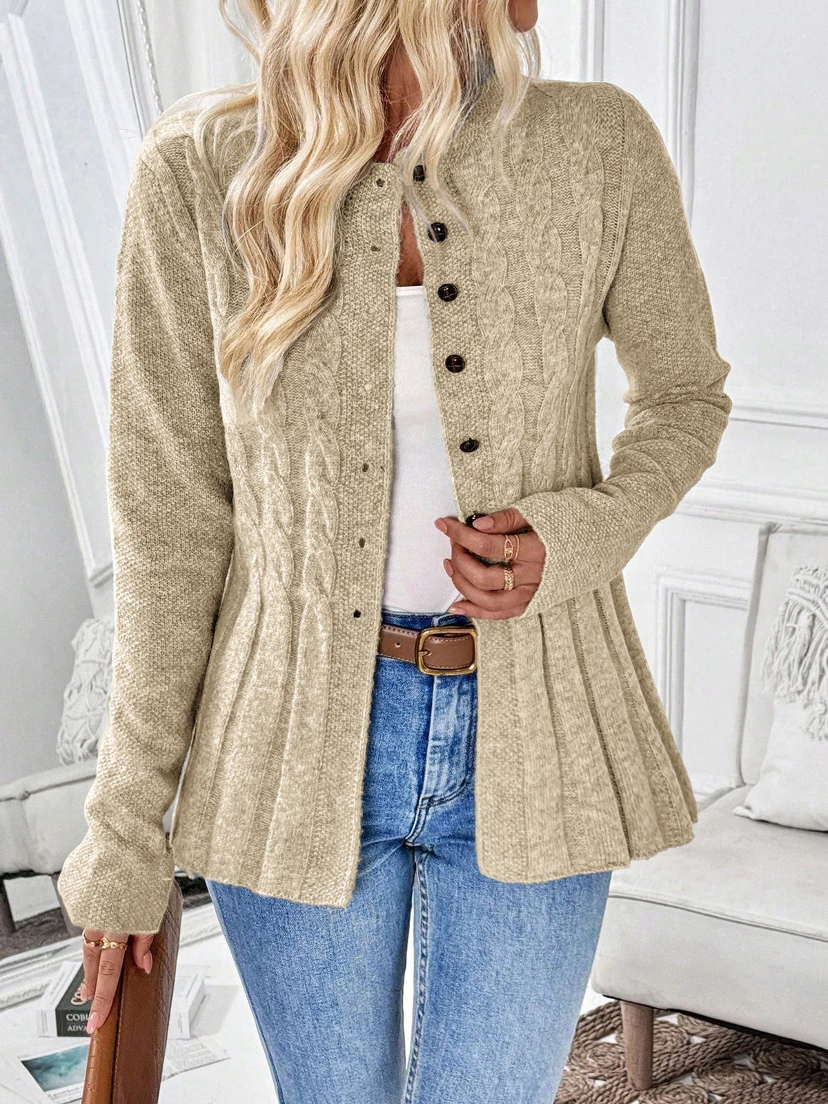 Khaki ribbed cardigan with button front, long sleeves, and peplum hem