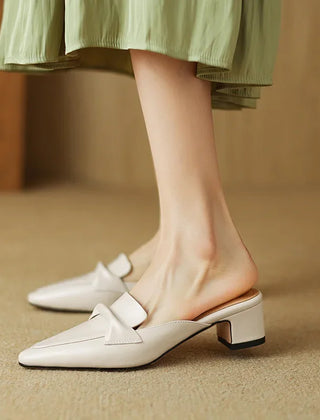 Beige genuine leather mule shoes with slip-on V-shaped strap and low block heel