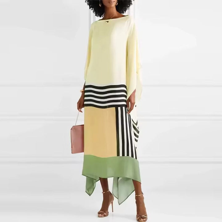 Light yellow geometric kaftan with black-and-white striped band and multicolor side panel