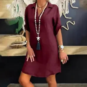 Burgundy collared shirt dress with short sleeves, V-neck button front, loose A-line fit