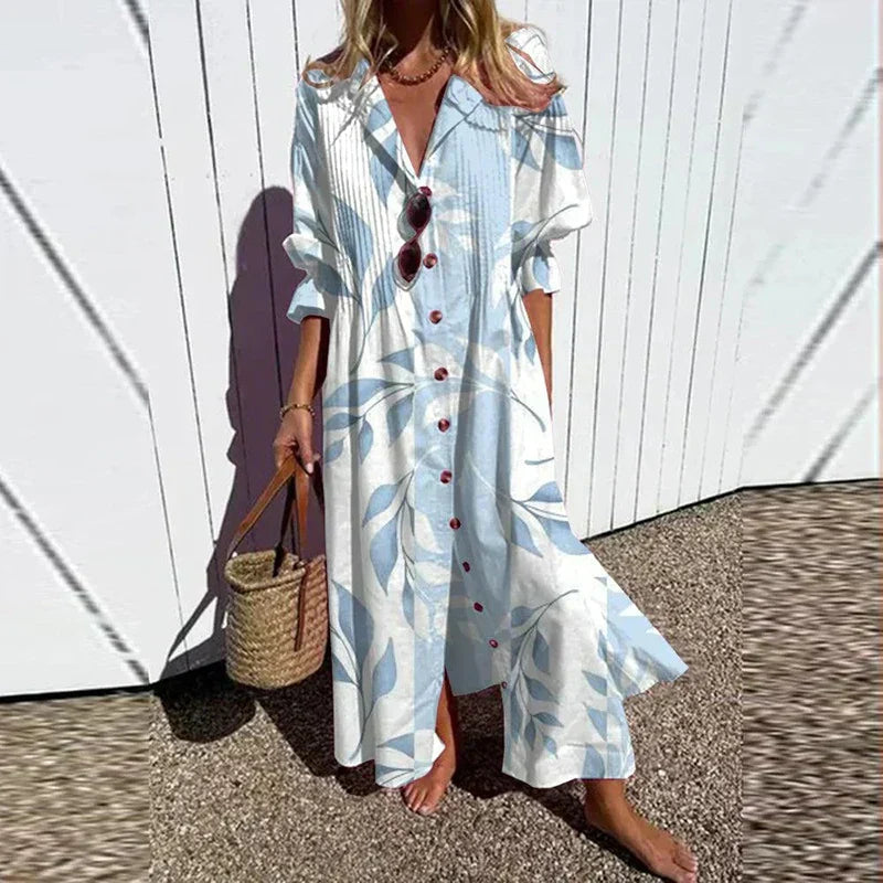 Boho button-front maxi dress in light blue and white with ruffle cap sleeves