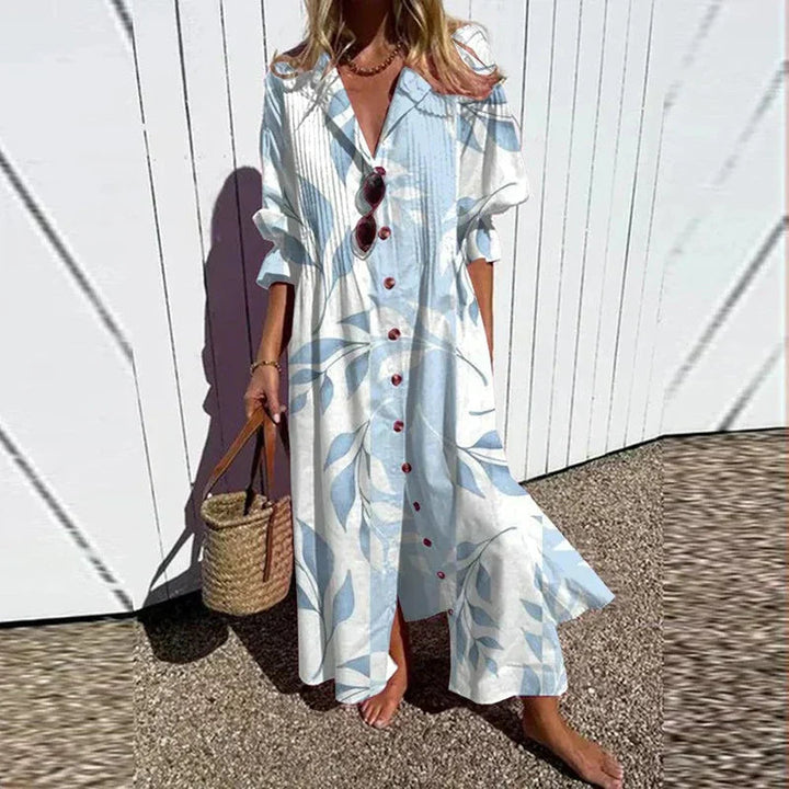 Boho button-front maxi dress in light blue and white with ruffle cap sleeves