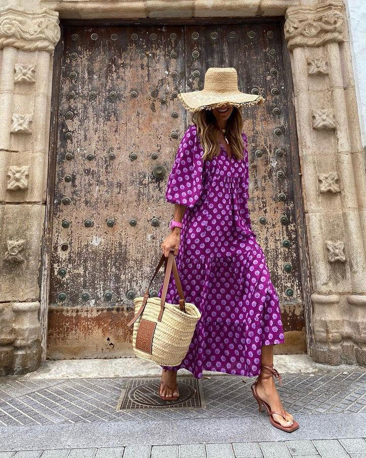 Purple bohemian long dress with small pattern, V-neck, long length, three-quarter sleeves