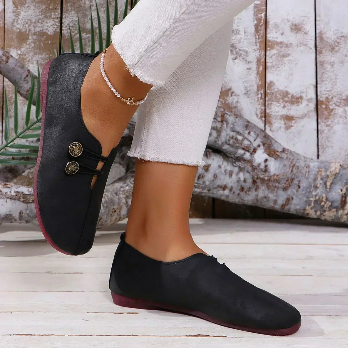 Women’s orthopedic suede loafers, black lace-up with medallion buttons and sparkly charm