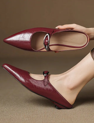 Alour genuine leather maroon mules with pointed toe and silver buckle strap