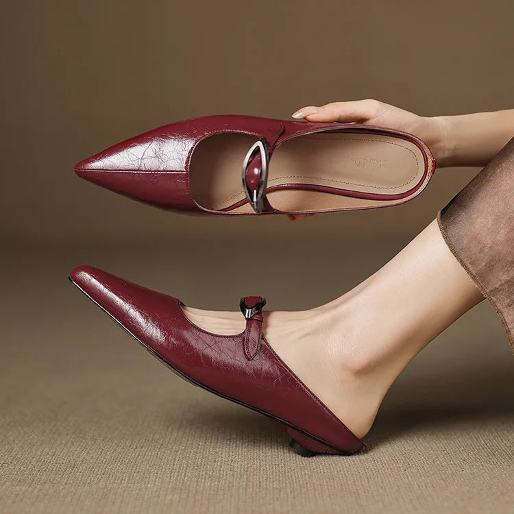Alour genuine leather maroon mules with pointed toe and silver buckle strap