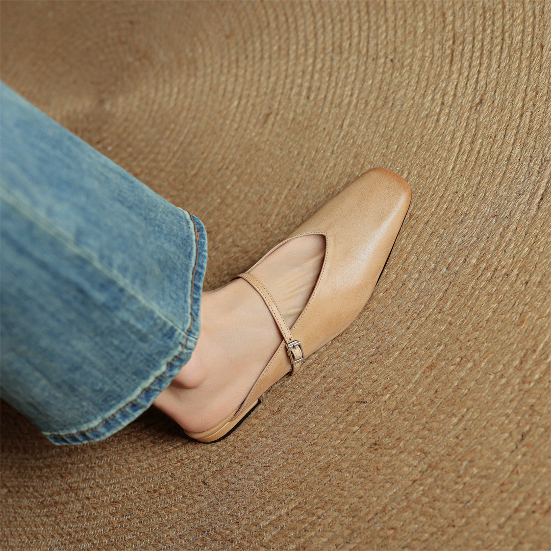 Miral genuine leather mules in apricot, low slip-on flat with buckle sling strap