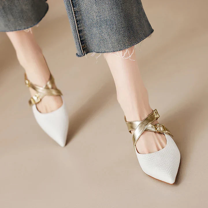 White genuine leather mules with gold-tone ankle strap and pointed toe