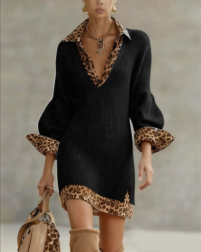 Black knit V-neck mini dress with leopard-print cuffs and hem trim