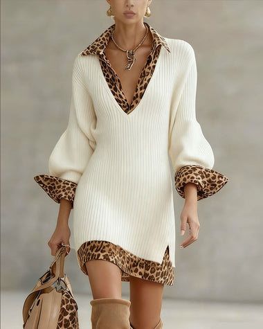 Cream knit V-neck mini dress with leopard-print cuffs and hem trim