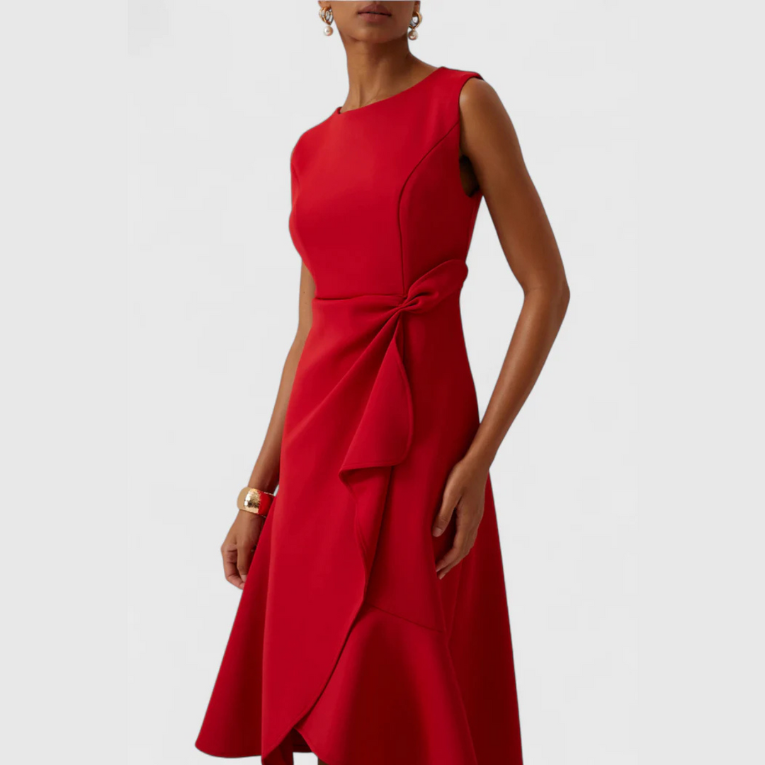 Red sleeveless midi dress with draped waist tie and wrap-style skirt panels