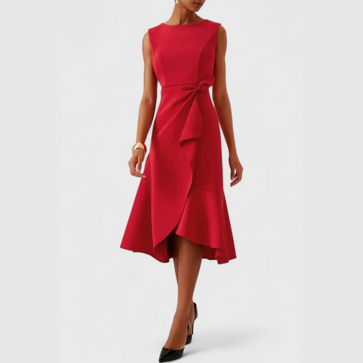 Red sleeveless draped midi dress with waist bow detail and asymmetric layered skirt