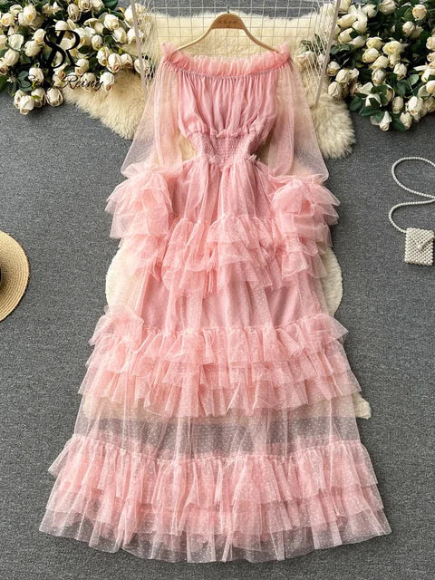 Pink off-shoulder sheer tiered ruffle dress with smocked bodice
