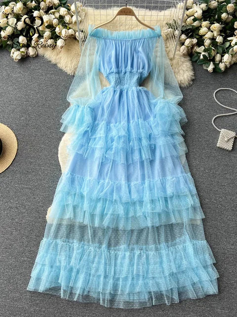 Light blue off-shoulder sheer tiered ruffle dress with smocked bodice