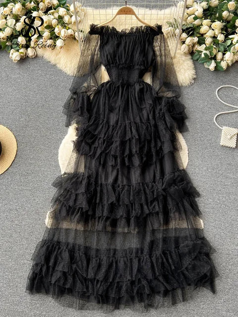 Black off-shoulder sheer tiered ruffle dress with smocked bodice