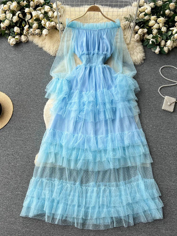 Light blue sheer tiered ruffle dress with off-shoulder smocked bodice