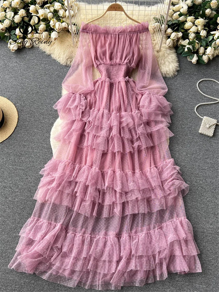 Purple sheer tiered ruffle dress with off-shoulder smocked bodice and layered skirt