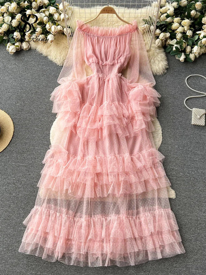 Rose pink sheer tiered ruffle dress with off-shoulder neckline and layered skirt